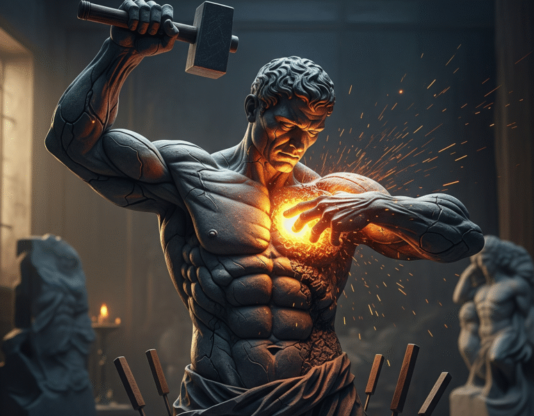 posąg mężczyzny wykuwa swoją umięśnioną sylwetkę