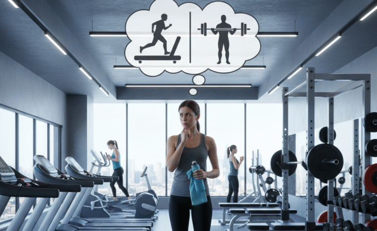 kobieta wybiera między treningiem siłowym a treningiem cardio